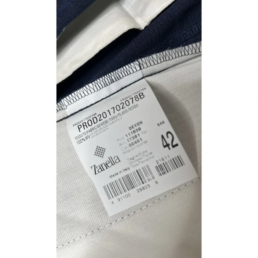 Zanella NWT Dress Pants Size 42 US Devon Navy Blue Plaid 100% Wool $350